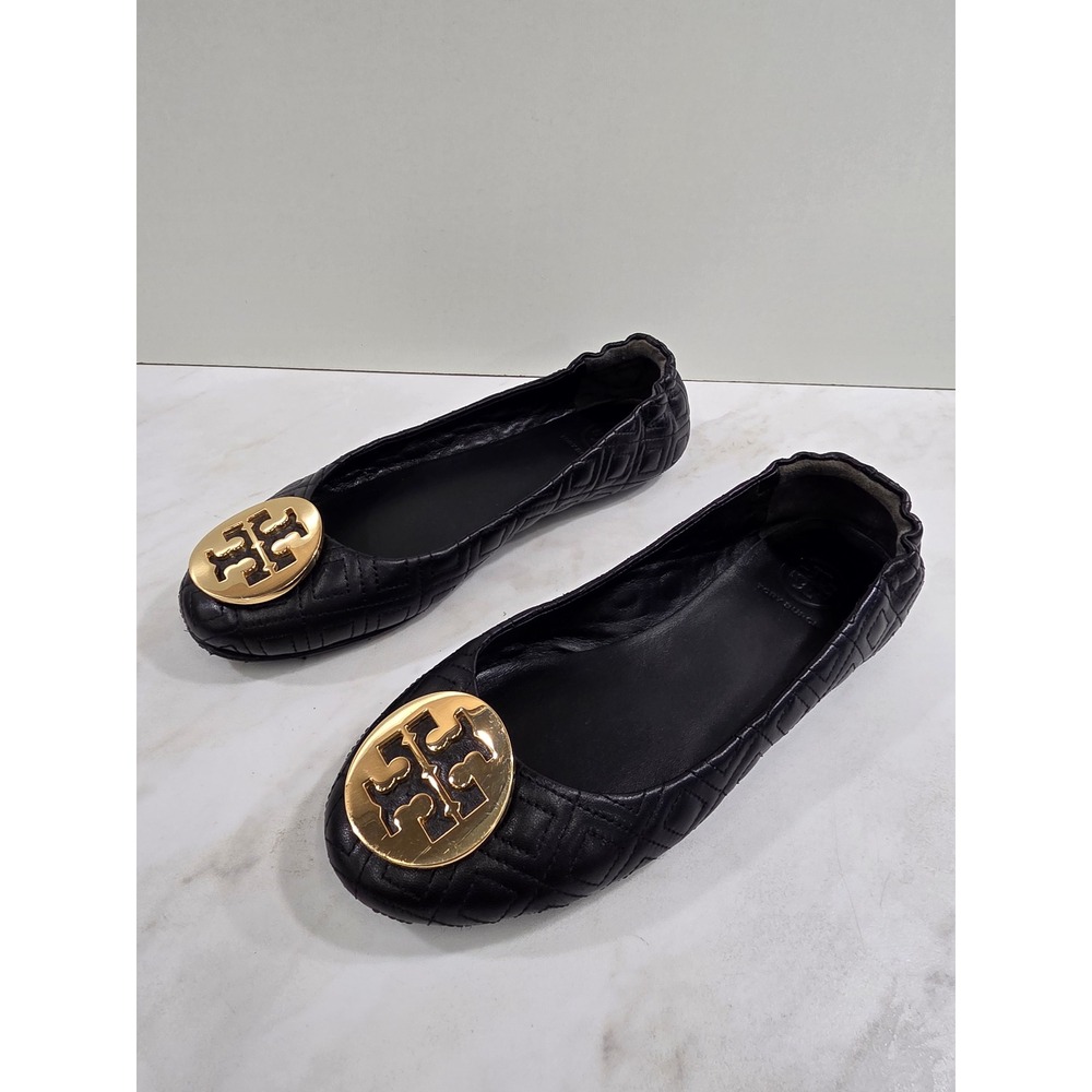 Tory Burch Quilted Minnie / Reva Travel Ballet Flats Leather Women 6.5 Gold Logo
